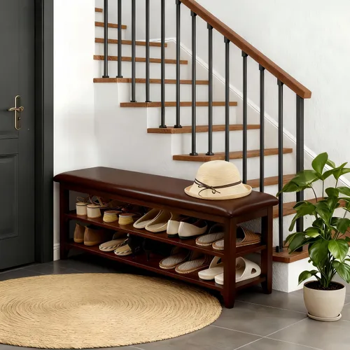 Vista 3 de Banco de zapatos con cojín de cuero, banco de entrada de madera maciza rústica con 2 estantes ajustables en altura y extraíbles para pasillo, sala