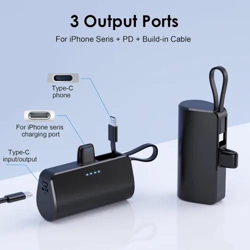 Vista 2 de Paquete de 2 Mini cargador portátil para iPhone, 2024 actualizado, batería PD de 5200 mAh, cable USB C integrado, cargador de respaldo compatible