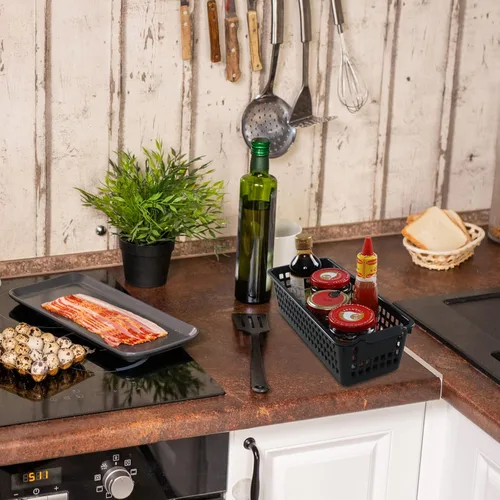 Vista 4 de Cesta de almacenamiento delgada de plástico, 6 paquetes de cestas organizadoras pequeñas, color negro