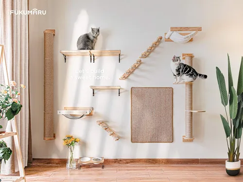 Vista 8 de FUKUMARU - Hamaca para gatos montada en la pared - Camas y perchas para gatitos, muebles de pared de madera, estantes para gatos estables