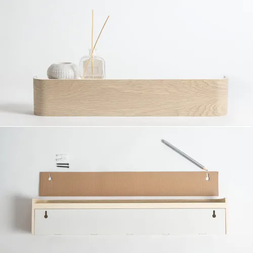 Vista 5 de Kazai. Perchero de pared 'Toke' – Perchero de diseño moderno con ganchos ocultos de pared – Perchero de panel de chapa de madera maciza – Roble