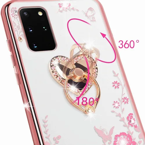 Vista 5 de Funda para Galaxy S20 Plus, 6.7 pulgadas, con purpurina de cristal rosa, suave, transparente, TPU de lujo, bonita funda protectora con correa de pie