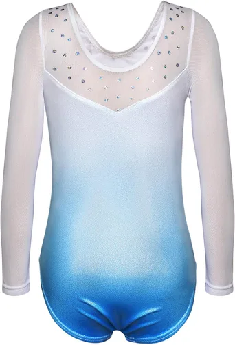 Vista 2 de HOZIY Leotardos de gimnasia para niñas de manga larga con cintas coloridas rayas de leopardo rosa