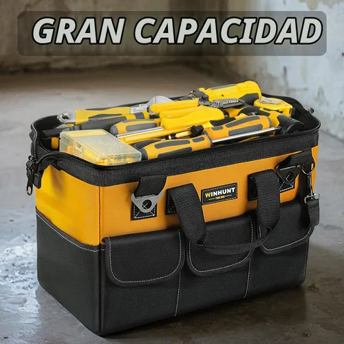 Vista 7 de WINHUNT Bolsa de herramientas premium, 14 bolsillos, 18 pulgadas, negro/amarillo, correa de hombro ajustable