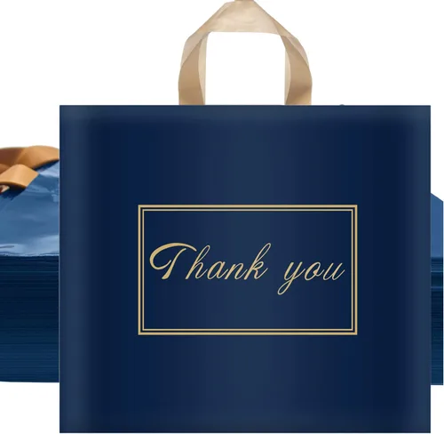 Vista 10 de WAKAKO Paquete de 60 bolsas de compras de agradecimiento de 12 x 10 pulgadas, con asa para pequeñas empresas, bolsas de plástico reutilizables a
