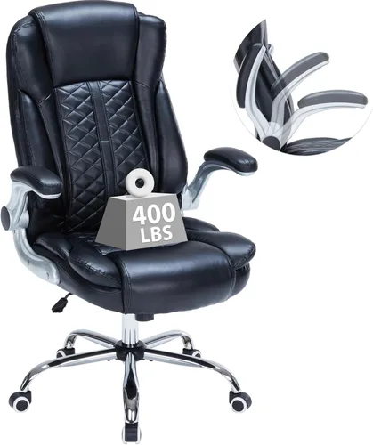 Silla de oficina ejecutiva de 400 libras con reposabrazos abatibles, silla de computadora grande y alta para personas pesadas, silla ergonómica Negro