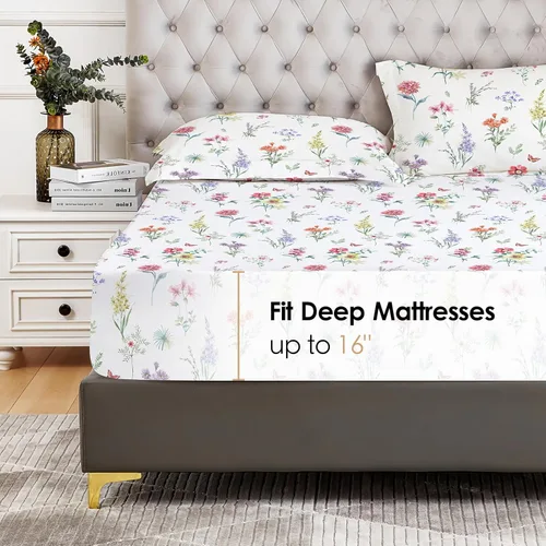 Vista 2 de YIYEA Sábana bajera tamaño matrimonial con funda de almohada, estampado floral de primera calidad, microfibra cepillada de 1800 hilos, tamaño de 16