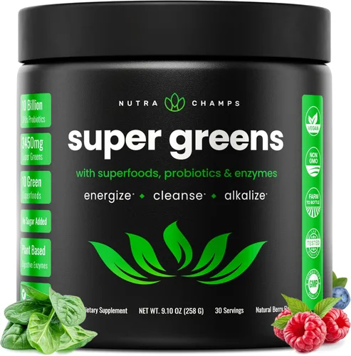 Super Greens en polvo, más de 40 superalimentos orgánicos, probióticos y enzimas para energía, digestión, salud intestinal e hinchazón | Mezcla de