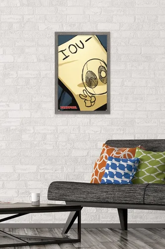 Vista 2 de Trends International Marvel Comics Deadpool - Póster de pared IOU, 14.725 x 22.375 pulgadas, versión enmarcada de madera de granero