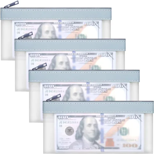 Vista 10 de VOCHIC Juego de 4 bolsas multiusos para dinero, sobres transparentes con cremallera, bolsas de dinero de 7.6 x 3.7 pulgadas, bolsas de dinero con 4