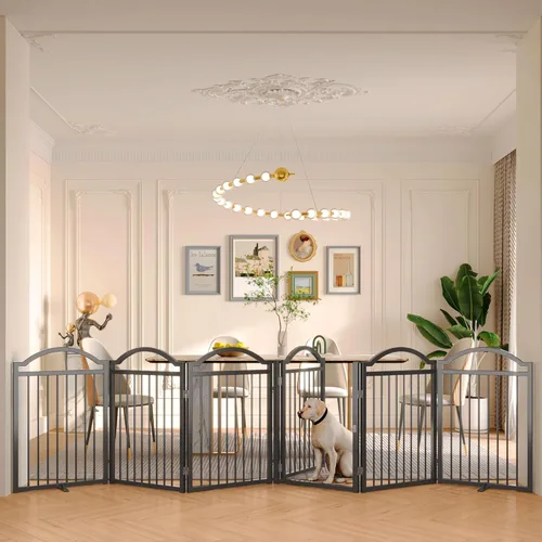Vista 13 de BHG Puerta para Perros de Metal Sin Ensamblaje Independiente con Puerta de Paso, Extra Ancha 96", Puerta para Mascotas Extra Alta 32", Parque