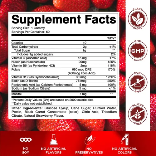 Vista 2 de Gomitas de complejo de vitamina B Vitamatic con vitamina C e inositol - Sabor natural a fresa - 60 gomitas (1 botella)