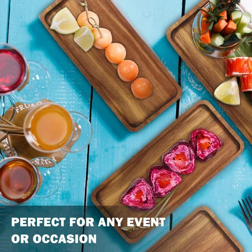 Vista 7 de Bandeja de madera para servir, 11.8 x 5.1 pulgadas, juego de 3, bandeja de madera de acacia, perfecta para servir embutidos, postres, salsas, sushi