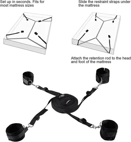 Vista 7 de Bandas de resistencia sexual, kit de bondage para cama Queen, correas ajustables de muñeca y tobillo para postes de cama, sujeción