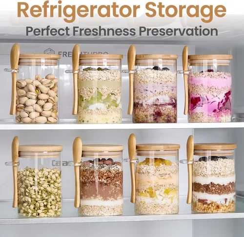 Vista 5 de Paquete de 4 recipientes de avena nocturna con tapas y cucharas de bambú - Tarros de vidrio herméticos de 22 onzas con tapa, tarros de preparación