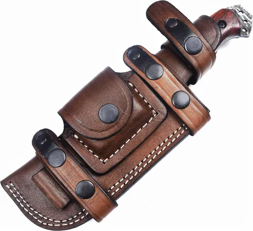 Vista 10 de Ottoza Cuchillo de caza de hoja fija con funda de cuero y transporte horizontal, cuchillo de supervivencia y campamento al aire libre de espiga