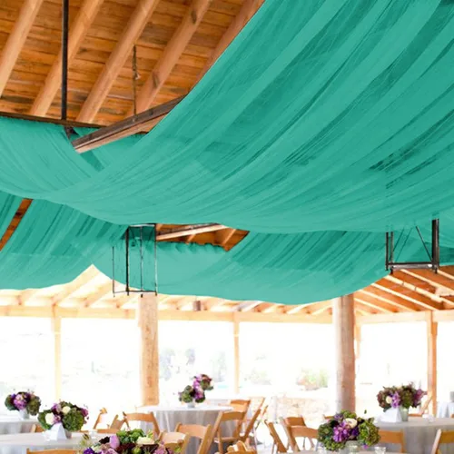 Vista 2 de FOTSHARER Cortinas de techo verde azulado para arco de boda, tela de gasa, 2 paneles de 5 x 20 pies, cortina de techo transparente de gasa verde