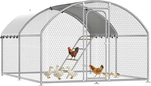 Vista 14 de Gallinero de metal grande con perca de gallo, jaula para aves de corral al aire libre con malla de alambre resistente y cubierta resistente a