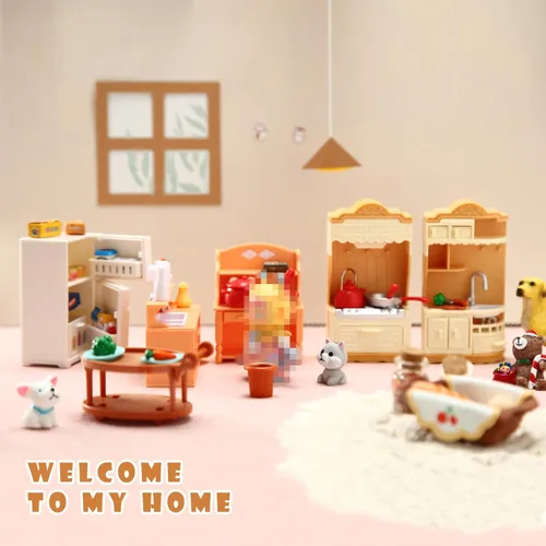 Vista 4 de Juego de 43 piezas de muebles de casa de muñecas, juego de cocina, refrigerador en miniatura con mini ollas y sartenes para comida, accesorios
