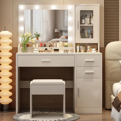 Vista 6 de Juego de Escritorio de Tocador de Maquillaje con Espejo de Luces LED y Silla, Mesa de Tocador con 7 Estantes de Almacenamiento y 3 Cajones, 3 Modos