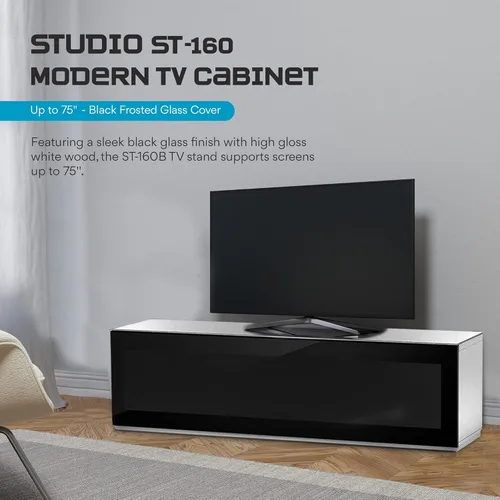 Vista 2 de SONOROUS ST-160 - Soporte de TV premium con cubierta de vidrio negro y madera blanca, centro de entretenimiento de lujo y consola multimedia