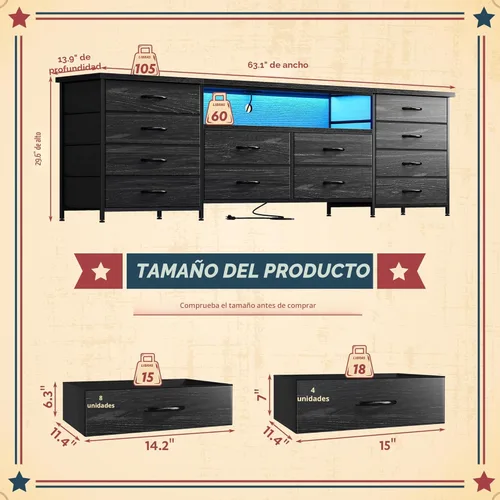 Vista 2 de Romorgniz Cómoda de 63 pulgadas para dormitorio con 12 cajones de tela, cómoda negra con luces LED y tomas de corriente, soporte de TV para TV de 70
