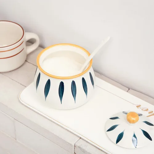 Vista 5 de Azucarero de cerámica con tapa y cuchara – Contenedor de azúcar de 12 onzas para encimera de cocina, barra de café y hogar, tarro de azúcar