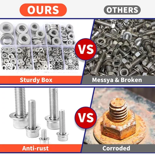 Vista 6 de Kit de surtido de 1100 arandelas planas – Acero inoxidable 304, 9 tamaños métricos (M2–M12), arandelas de metal para tornillos y pernos – Ideal