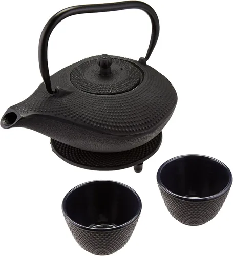 Miya Hobnail Genie Design - Juego de tetera y taza de té de hierro fundido de 32 onzas con colador y salvamanteles, color negro
