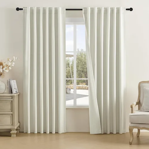 Vista 47 de DUALIFE - Cortinas de lino opacas beige de 54 pulgadas de largo, con pestaña trasera y bolsillo para cortinero, cortinas estrechas para dormitorio
