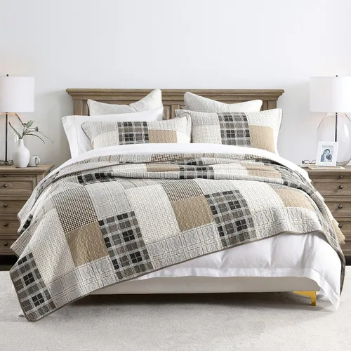 Vista 10 de PANGUSHAN - Juego de edredón tamaño Queen, 100% algodón, juego de ropa de cama, colcha reversible ligera de estilo granja con diseño de retazos, Azul