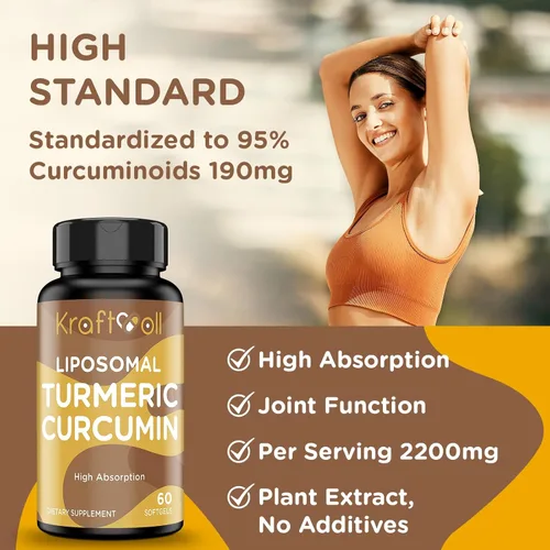 Vista 2 de Suplemento de curcumina de cúrcuma liposomal, 2200 mg con extracto de pimienta negra, 15 mg para alta absorción y función articular, 60 cápsulas