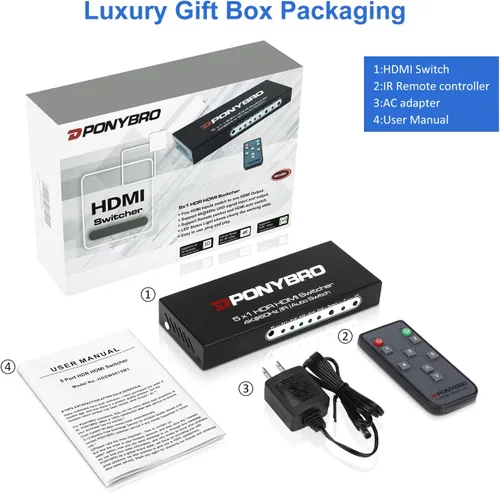 Vista 7 de Conmutador HDMI 2.0 de 5 puertos 4K @60Hz conmutación automática - 5 en 1 salida con control remoto, HDR10, 3D, Ultra HD para PS5/Xbox/PC/Fire TV