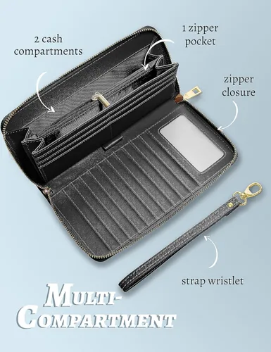 Vista 5 de Cartera para mujer con tarjetero para tarjetas de crédito, bolsillos para dinero, correa de pulsera, monedero con bloqueo RFID, gran capacidad