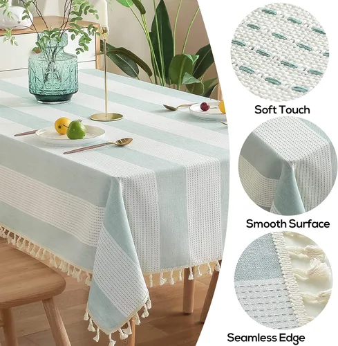 Vista 2 de AmHoo Mantel rectangular de lino y algodón con borlas y costuras a rayas, a prueba de polvo, para cocina y comedor, 54 x 54 pulgadas, color verde