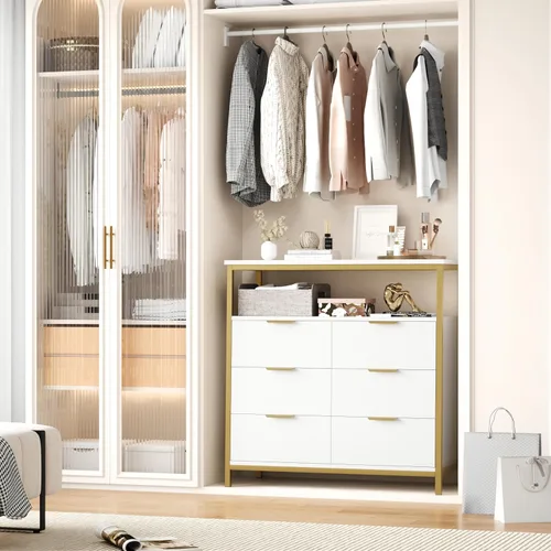 Vista 2 de FACBOTALL Cómoda blanca moderna, cómoda de 6 cajones con estante, cómoda de madera con marco de acero resistente, gran capacidad con 6 cajones