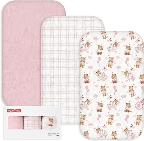 Vista 28 de Gllquen Baby Paquete de 3 sábanas de muselina para moisés, transpirables, elásticas, acogedoras, de algodón, para bebé, niño y niña, apta