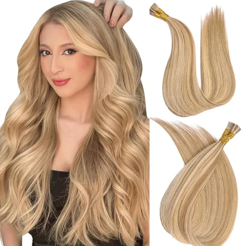 Vista 33 de Extensiones de cabello humano con punta en I de 14 pulgadas #16/60, color rubio con reflejos dorados y marrón grisáceo mezclado, extensiones