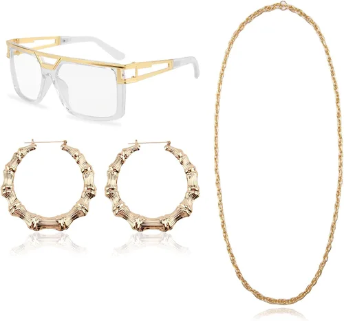 Trajes de los años 90 para mujer, kit de disfraz de hip hop de los años 80, accesorios de joyería de rapero de la vieja escuela, lentes de sol,