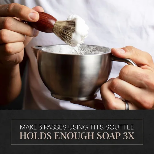 Vista 7 de Silver Fox Shaving Scuttle - Tazón con afeitadora, jabón, cepillo, taza de acero inoxidable, mantiene la espuma caliente y cremosa, afeitado