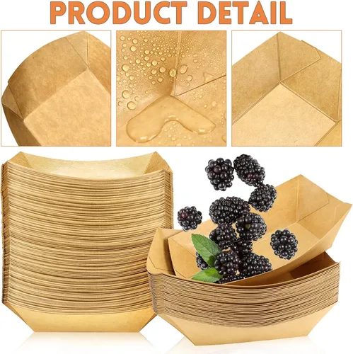 Vista 3 de Oomcu Paquete de 150 bandejas desechables de papel kraft marrón de 1/2 libra, bandejas para perros calientes a granel, pequeños botes reciclables