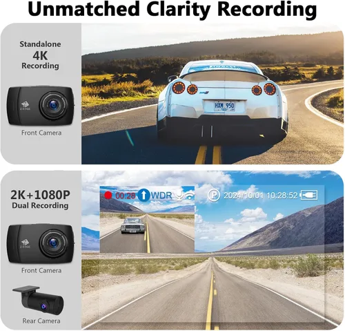 Vista 3 de Z-Edge T4 Dash Cam delantera y trasera, cámara de tablero dual 4K, 2K+1080P frontal y trasera, pantalla táctil WiFi cámara de automóvil, WDR, visión