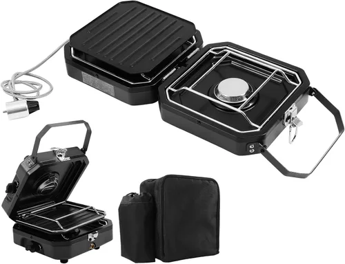 Vista 8 de Dollate Estufa de camping de 2 quemadores con bolsa de transporte, estufa de propano portátil de 16000 BTU para camping, estufa de camping plegable