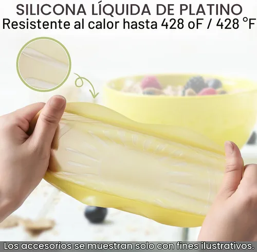 Vista 6 de Tapas elásticas de silicona reutilizables – 6 fundas multicolor para alimentos para cuencos, tazas y recipientes – herméticas, a prueba de fugas