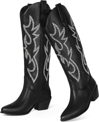 Vista 2 de Ouepiano Botas vaqueras para mujer, botas de vaquera con diamantes de imitación brillantes, punta de almendra, tacón bajo, meter, Westerm, a