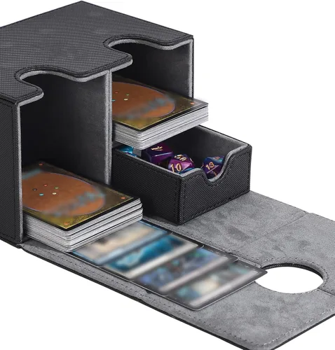 Vista 4 de ZLCA MTG Commander - Caja de cubierta con bandeja de dados, caja grande de 200 cartas para 100 tarjetas de doble manga para TCG CCG (negro)