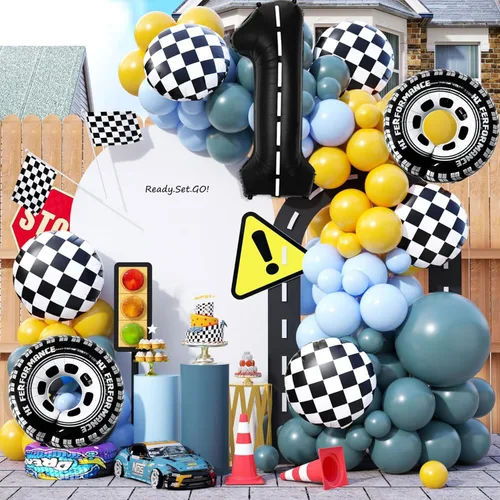 Vista 5 de Decoraciones de fiesta de auto de carreras, globos de neumáticos con ruedas de Mylar, globo grande de 40 pulgadas negro número 1 para el primer
