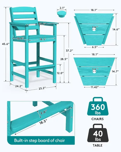 Vista 3 de SERWALL: Juego de 2 sillas Adirondack altas con mesa conectada, taburetes de exterior para todo clima, color azul Aruba