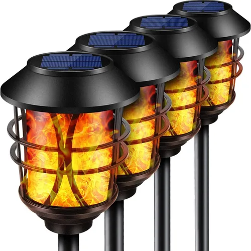 TomCare Luces solares de metal parpadeante llamas solares, resistentes al agua, iluminación al aire libre, iluminación solar de camino, iluminación