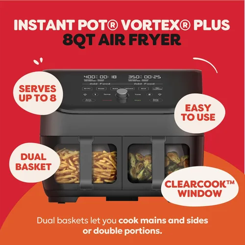 Vista 2 de Freidora de aire Instant Pot Vortex Plus XL 8QT ClearCook, ventanas transparentes, programación personalizada, funciones 8-en-1 que crujen, asan